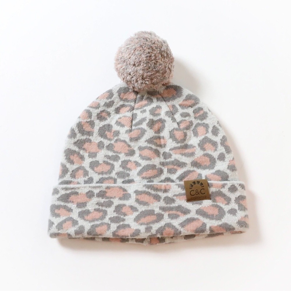 New C&C California pastel pink leopard print knit hat Pom Pom beanie warm new